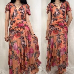 Maeve by Anthropologie Peach Orange Floral Drop Waist Maxi Dress